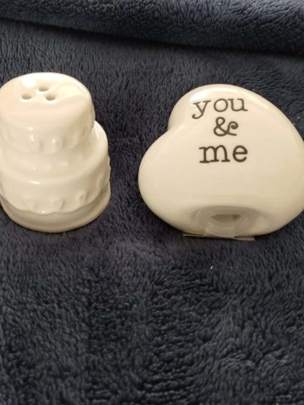 White wedding cake & You & me heart shaped, salt & pepper shakers